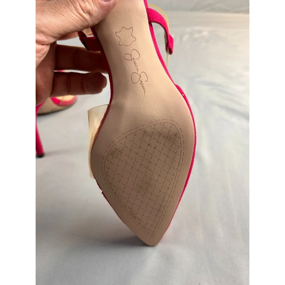Jessica Simpson Women Heels Pumps Red Suede Pointed Toe Stiletto Clear Strap SZ6